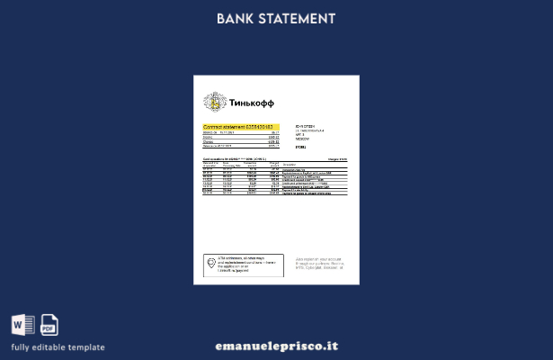 Modello Excel di estratto conto bancario Russia Tinkoff (versione inglese) in st